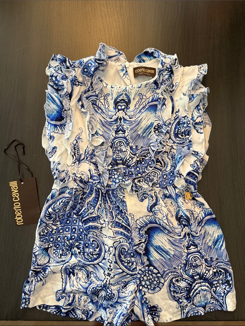 Roberto Cavalli Kids White & Blue Ruffle One-Piece Romper